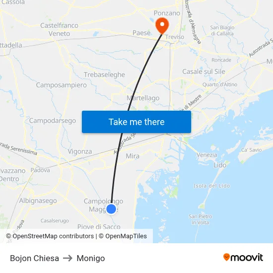 Bojon Church to Monigo map