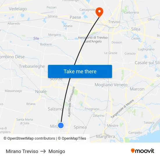 Mirano Treviso to Monigo map