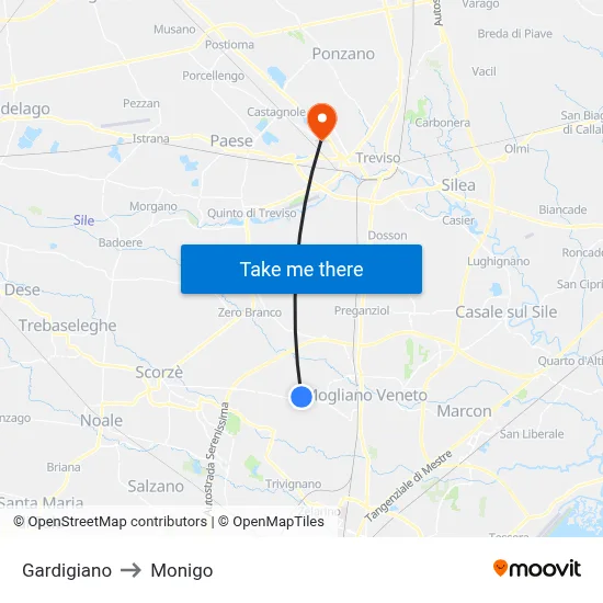 Gardigiano to Monigo map