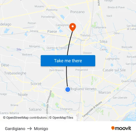 Gardigiano to Monigo map