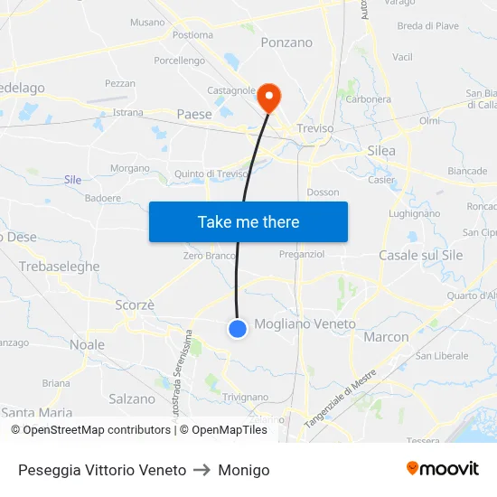 Peseggia Vittorio Veneto to Monigo map