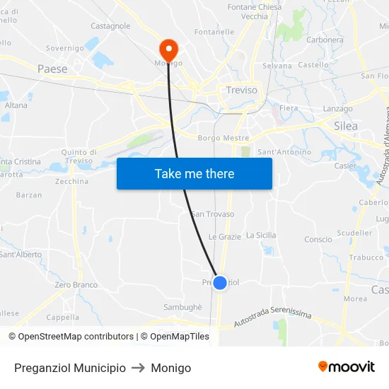 Preganziol Town Hall to Monigo map