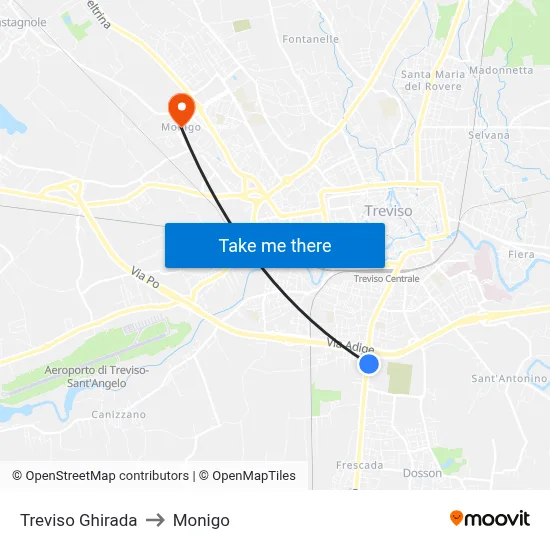 Treviso Ghirada to Monigo map