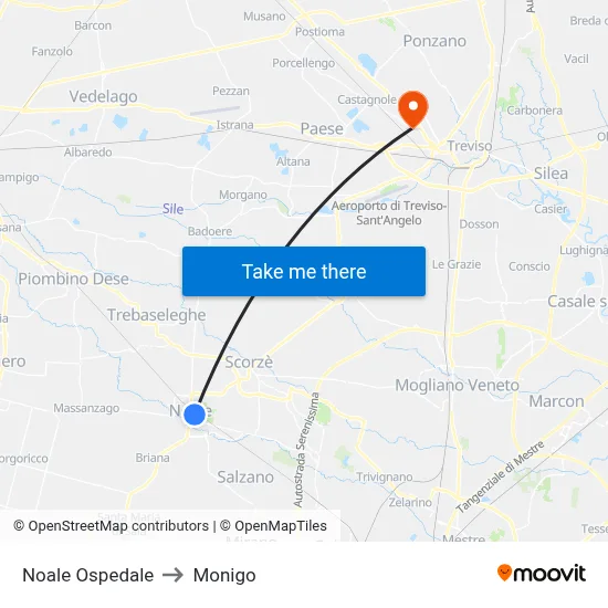 Noale Hospital to Monigo map