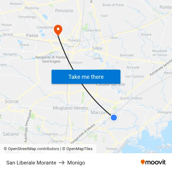 San Liberale Morante to Monigo map