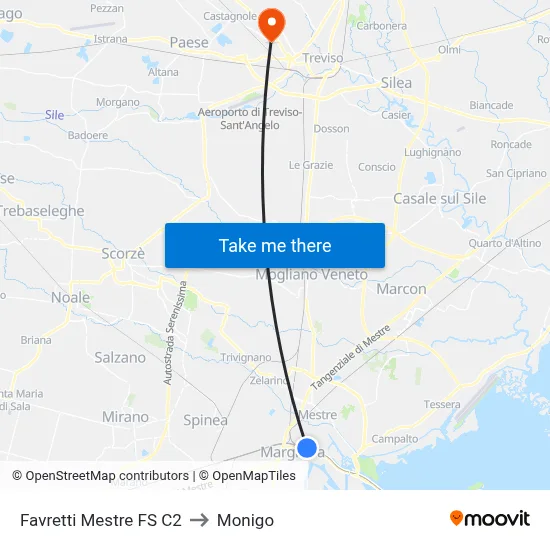 Favretti Mestre Station C2 to Monigo map