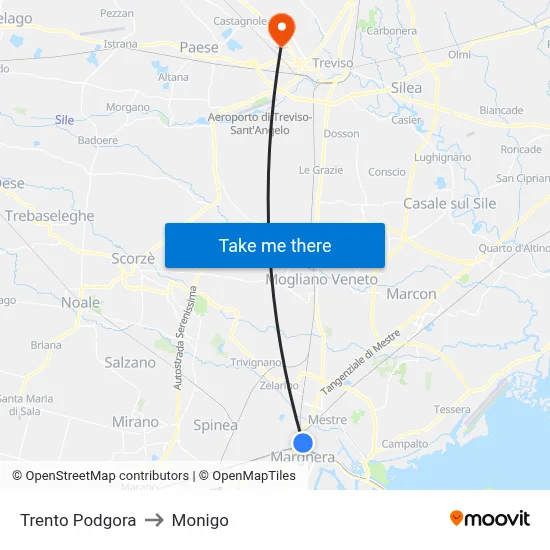 Trento Podgora to Monigo map