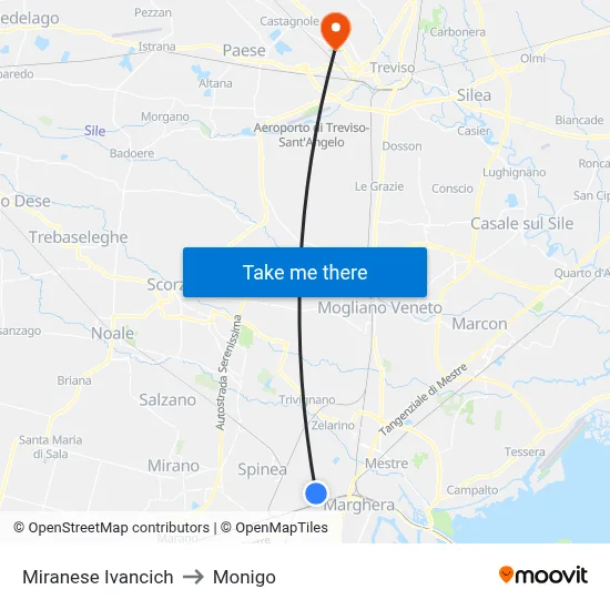 Miranese Ivancich to Monigo map