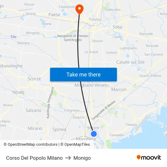 Corso Del Popolo Milano to Monigo map