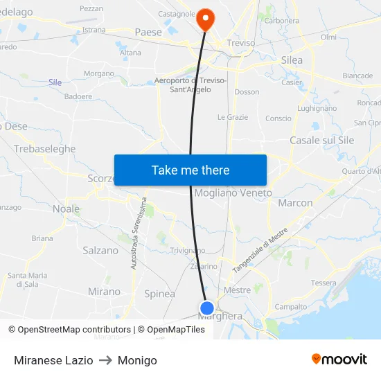 Miranese Lazio to Monigo map