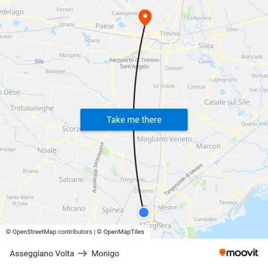 Asseggiano Volta to Monigo map