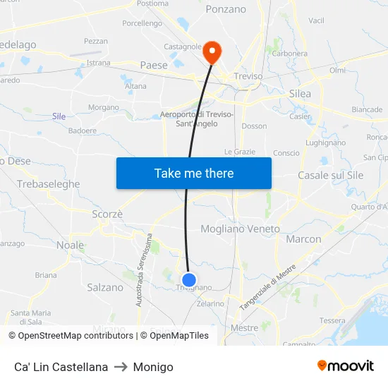 Ca' Lin Castellana to Monigo map