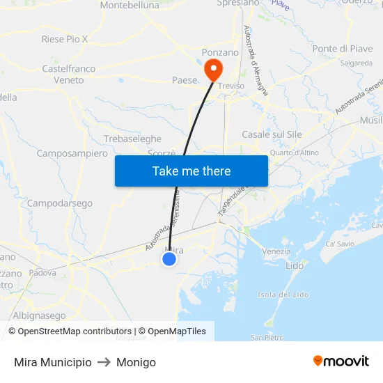 Mira Town Hall to Monigo map