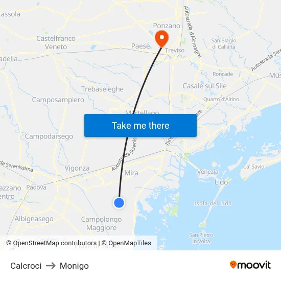 Calcroci to Monigo map