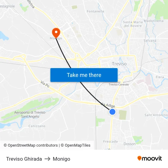 Treviso Ghirada to Monigo map