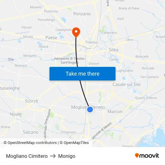 Mogliano Cemetery to Monigo map