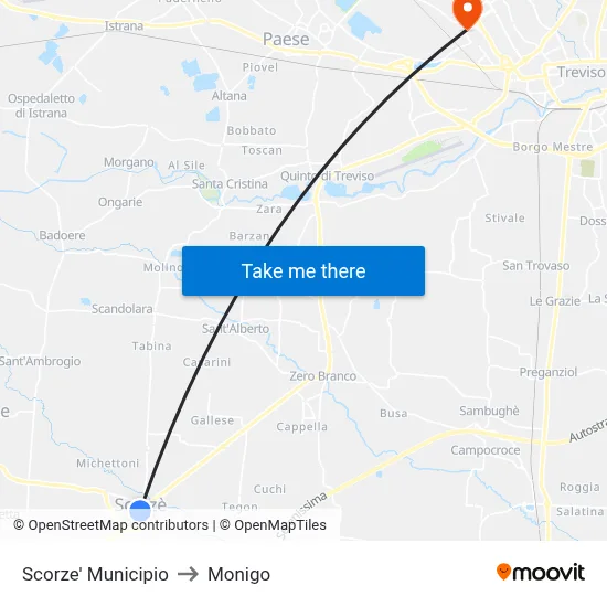 Scorze Municipality to Monigo map
