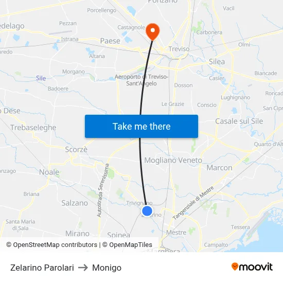 Zelarino Parolari to Monigo map