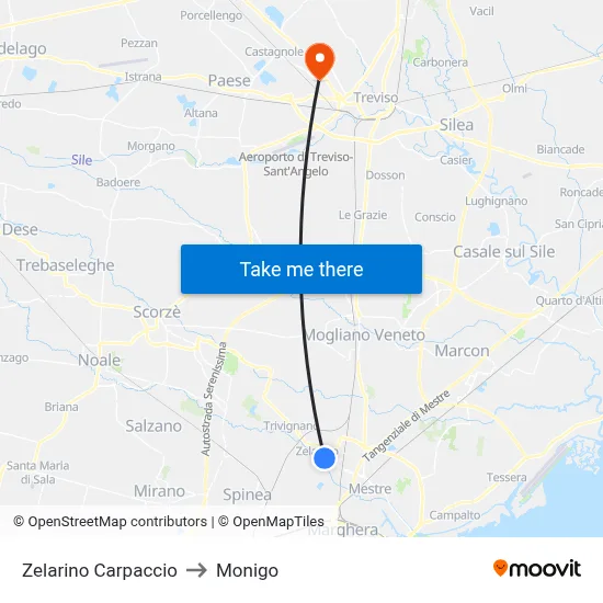 Zelarino Carpaccio to Monigo map