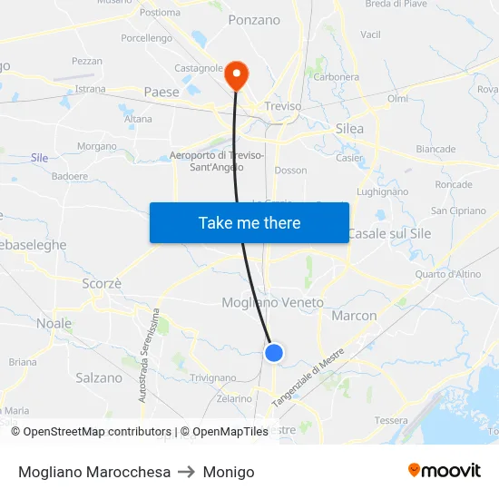 Mogliano Marocchesa to Monigo map