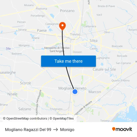 Mogliano Boys of '99 to Monigo map