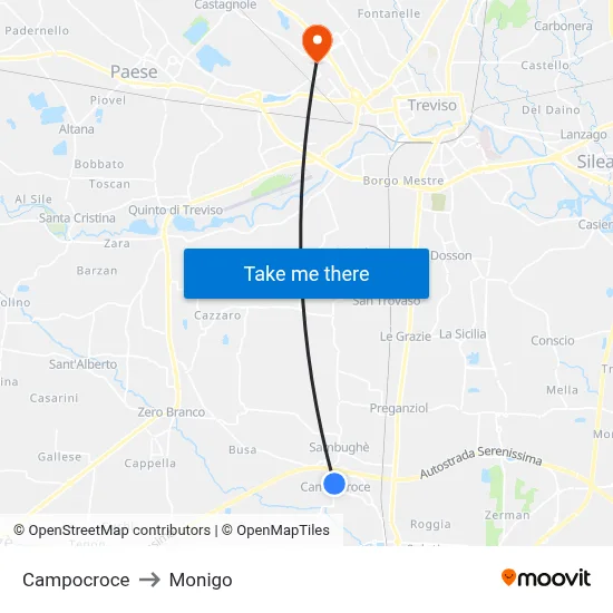 Campocroce to Monigo map