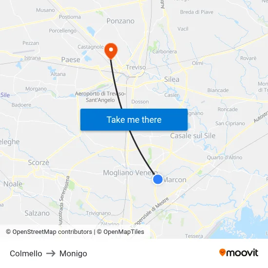 Colmello to Monigo map