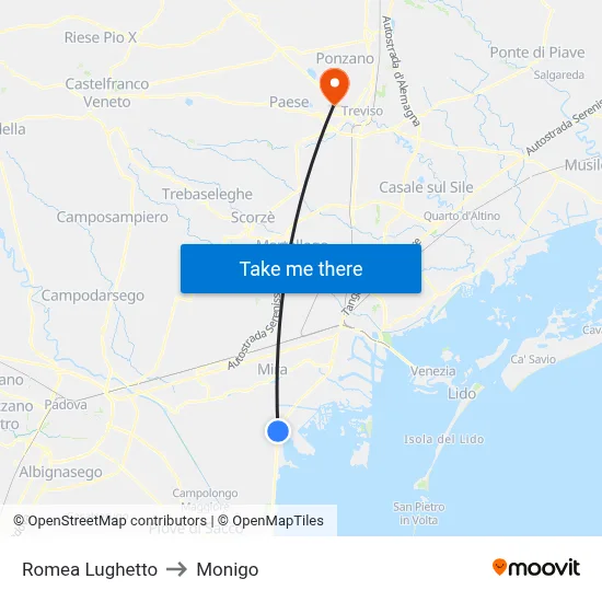 Romea Lughetto to Monigo map