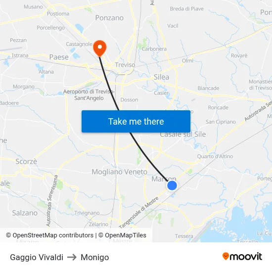 Gaggio Vivaldi to Monigo map