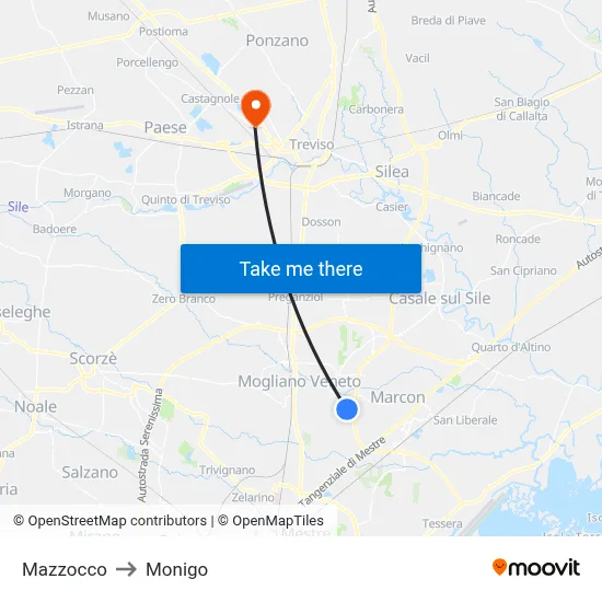 Mazzocco to Monigo map