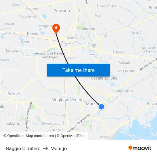 Gaggio Cemetery to Monigo map