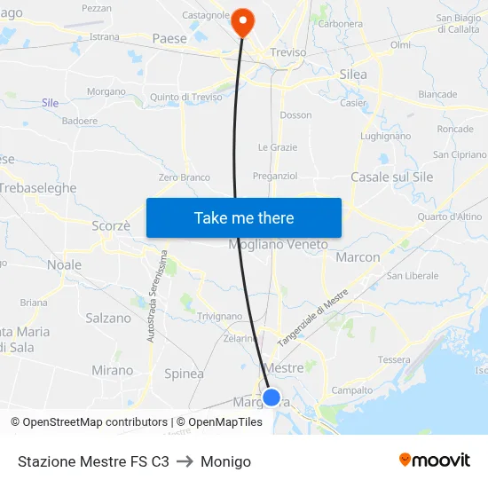 Mestre Railway Station C3 to Monigo map