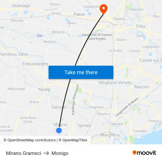 Mirano Gramsci to Monigo map