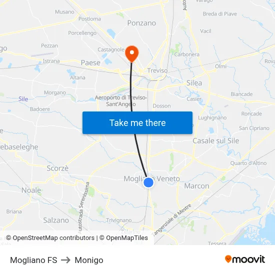 Mogliano Railway Station to Monigo map