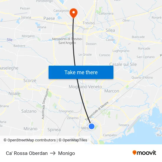 Ca' Rossa Oberdan to Monigo map