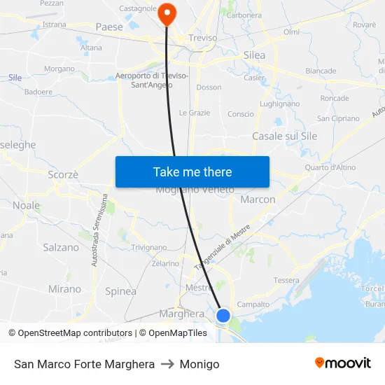San Marco Forte Marghera to Monigo map