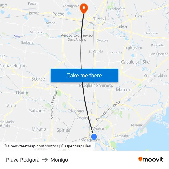 Piave Podgora to Monigo map