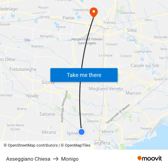 Asseggiano Church to Monigo map