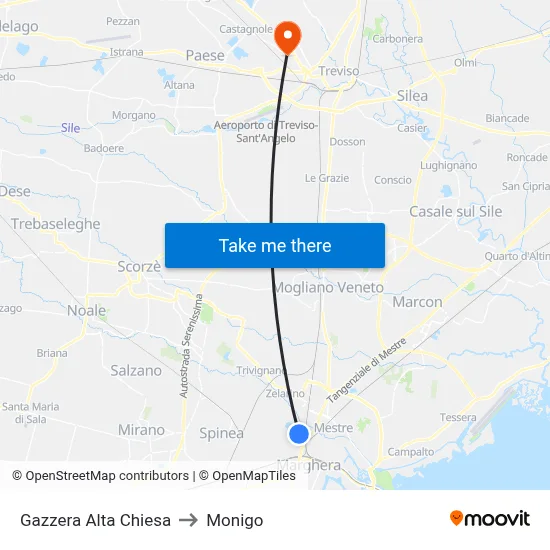 Upper Gazzera Church to Monigo map