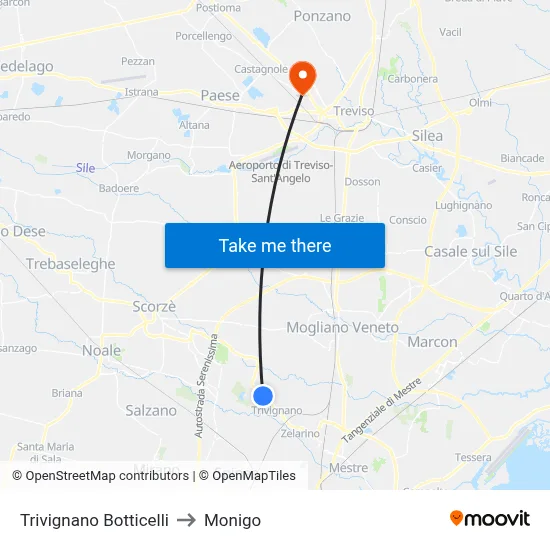 Trivignano Botticelli to Monigo map