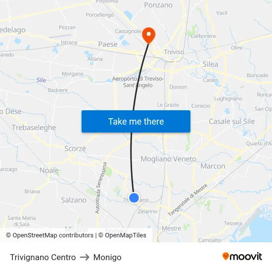 Trivignano Center to Monigo map