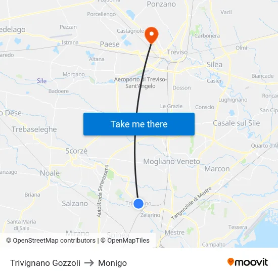 Trivignano Gozzoli to Monigo map