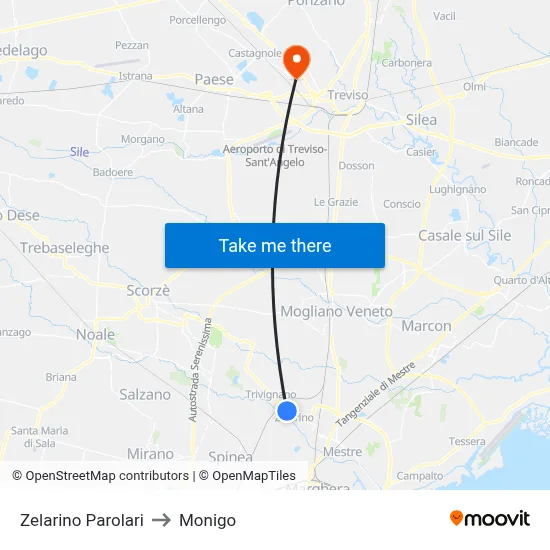 Zelarino Parolari to Monigo map