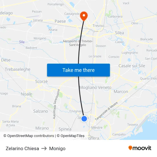 Zelarino Church to Monigo map