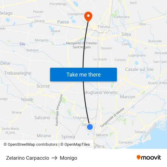 Zelarino Carpaccio to Monigo map