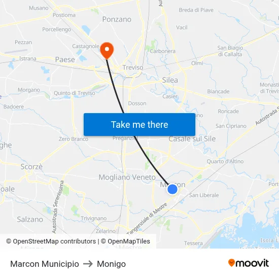 Marcon Town Hall to Monigo map