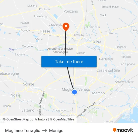 Mogliano Terraglio to Monigo map