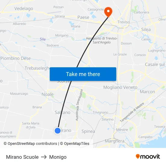 Mirano Schools to Monigo map