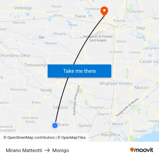 Mirano Matteotti to Monigo map