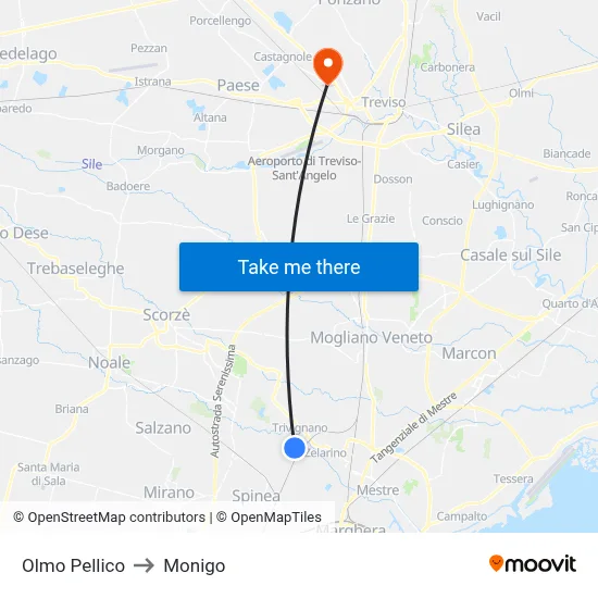 Olmo Pellico to Monigo map